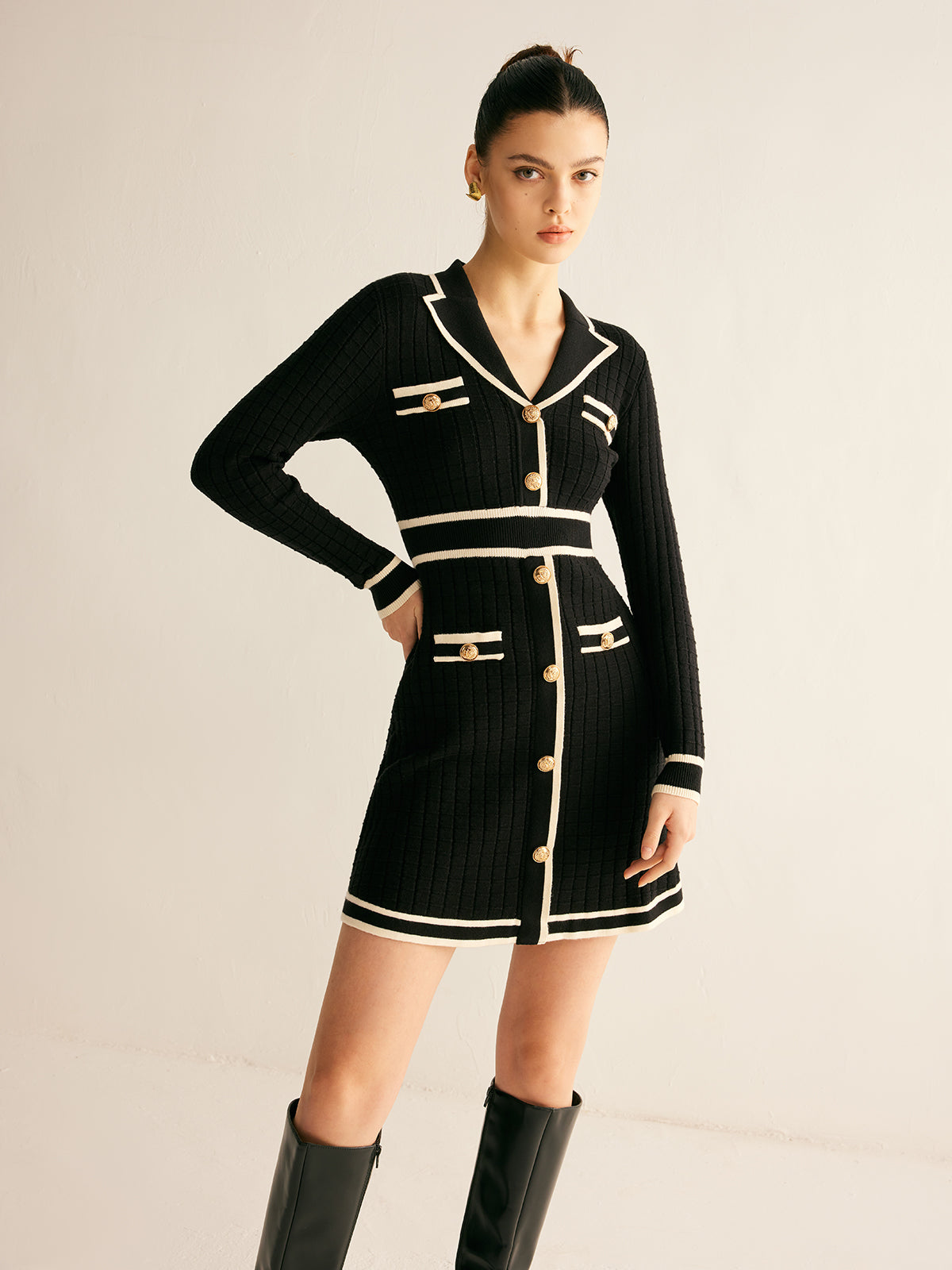 Contrast Binding Lapel Sweater Dress