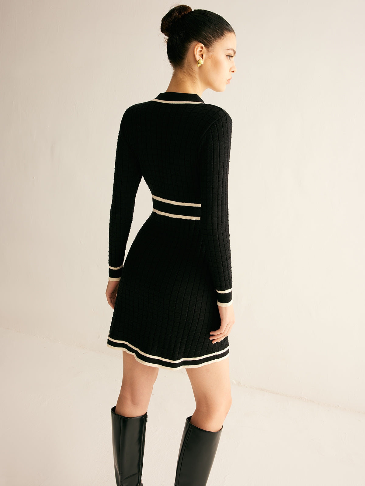 Contrast Binding Lapel Sweater Dress