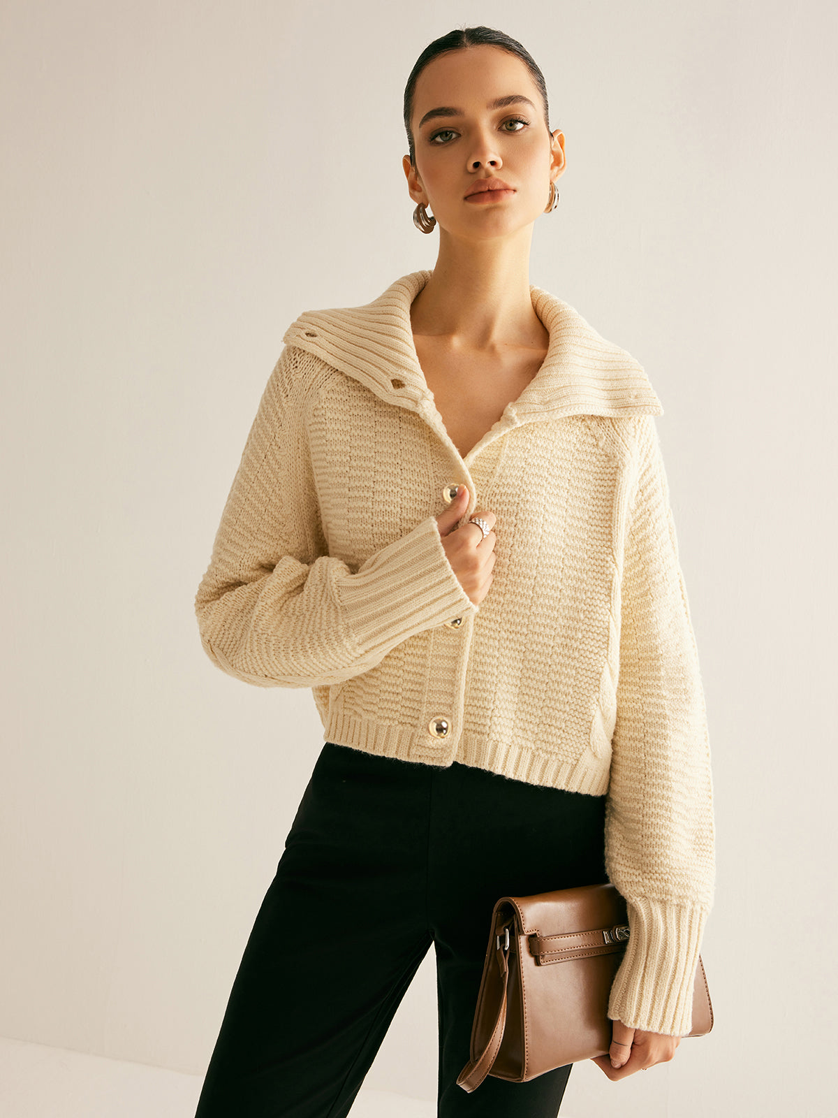 Lapel Breasted Cable-Knit Cardigan