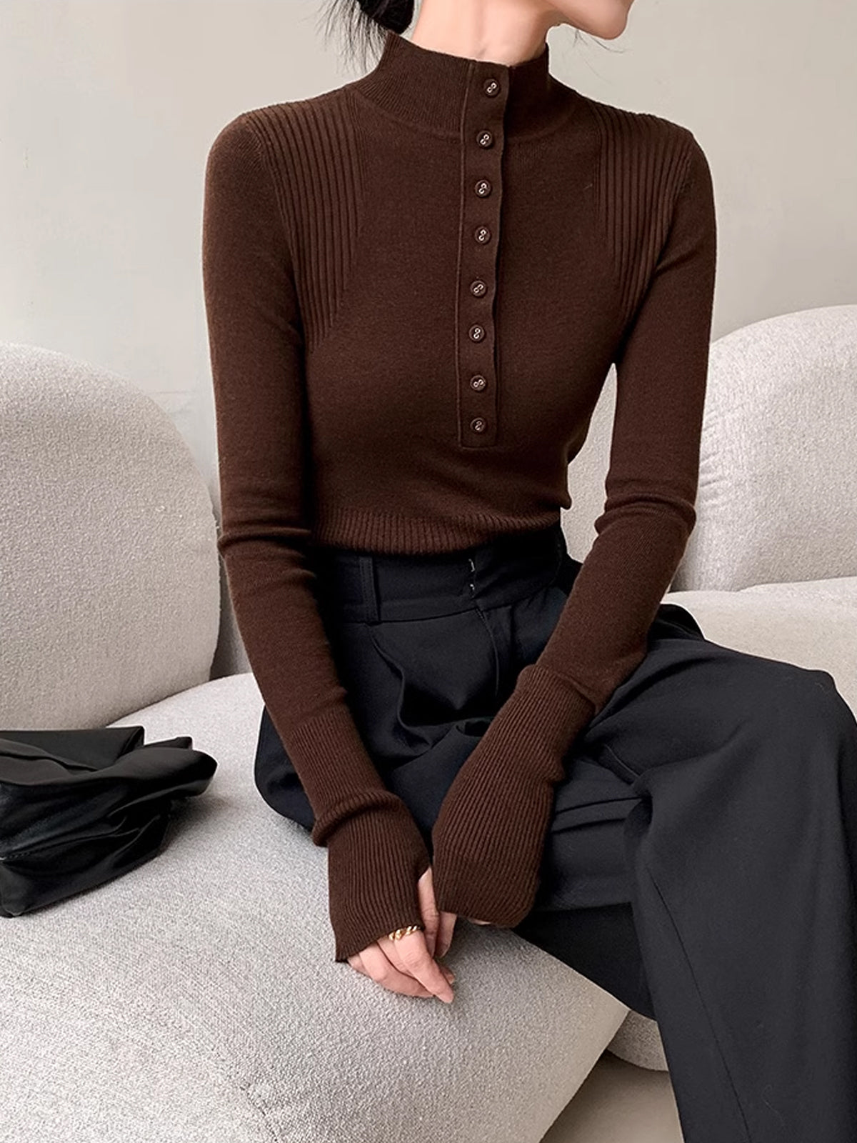 Mock Neck Breasted Slim Sweater