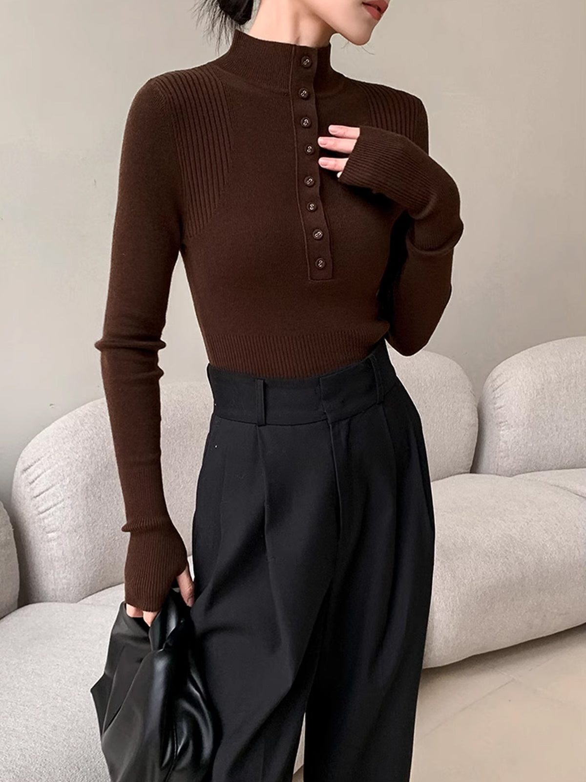 Mock Neck Breasted Slim Sweater