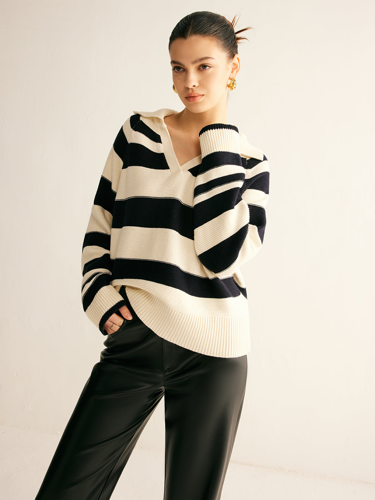 V-Neck Two-Tone Striped Polo Sweater