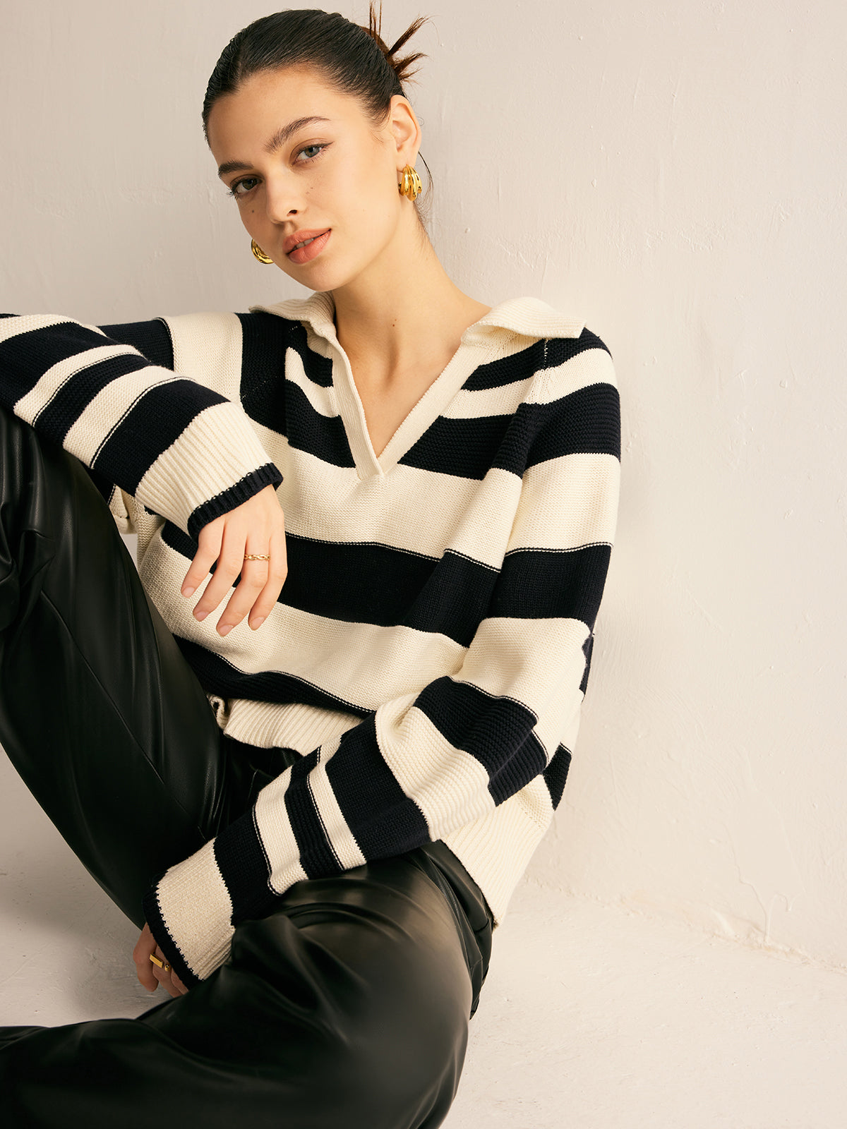 V-Neck Two-Tone Striped Polo Sweater