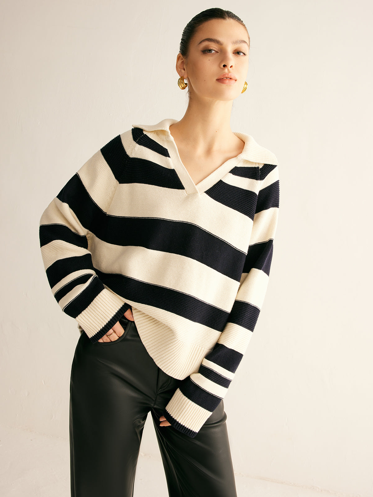 V-Neck Two-Tone Striped Polo Sweater