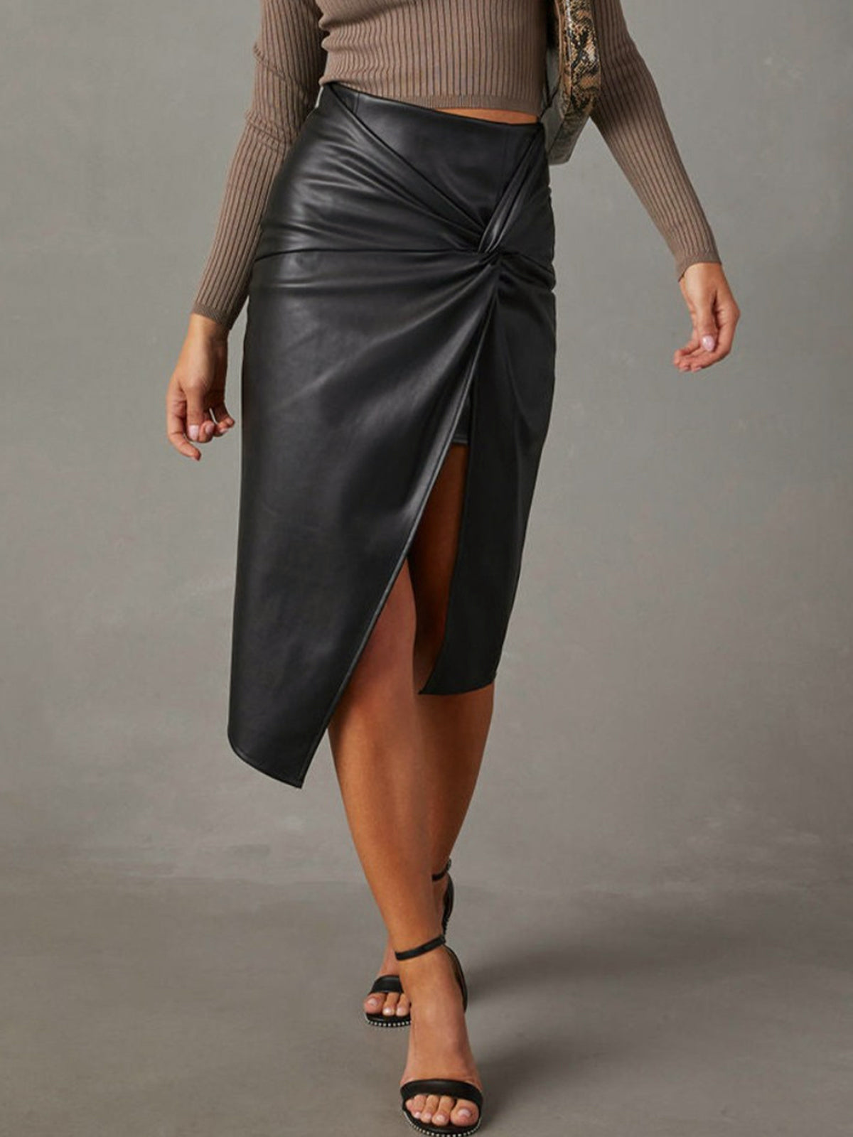 Knotted Slit Faux Leather Skirt