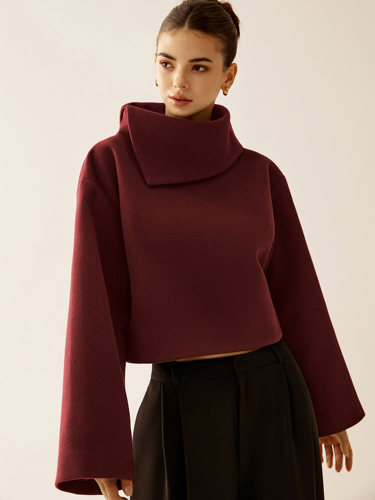 Plain Turtleneck Tweed Top