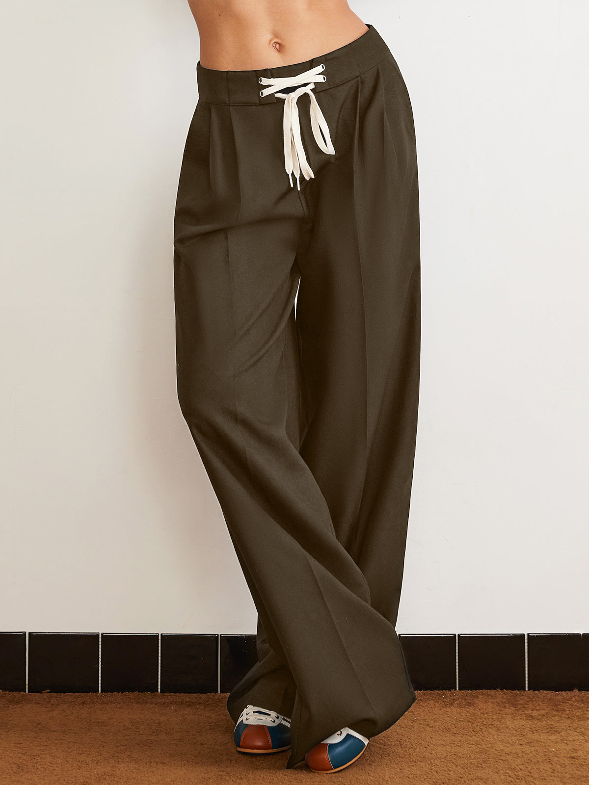 Plain Drawstring Wide-Leg Pants