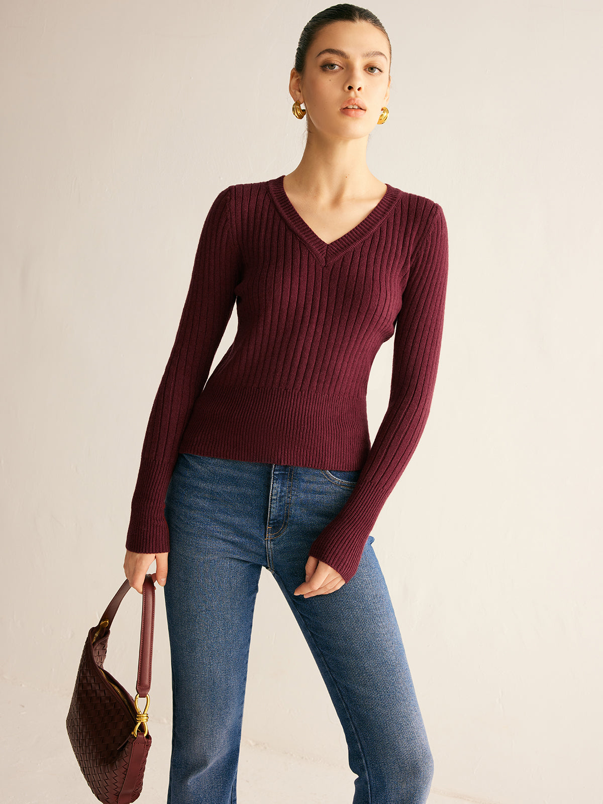 Ribbed V-Neck Skinny Sweater