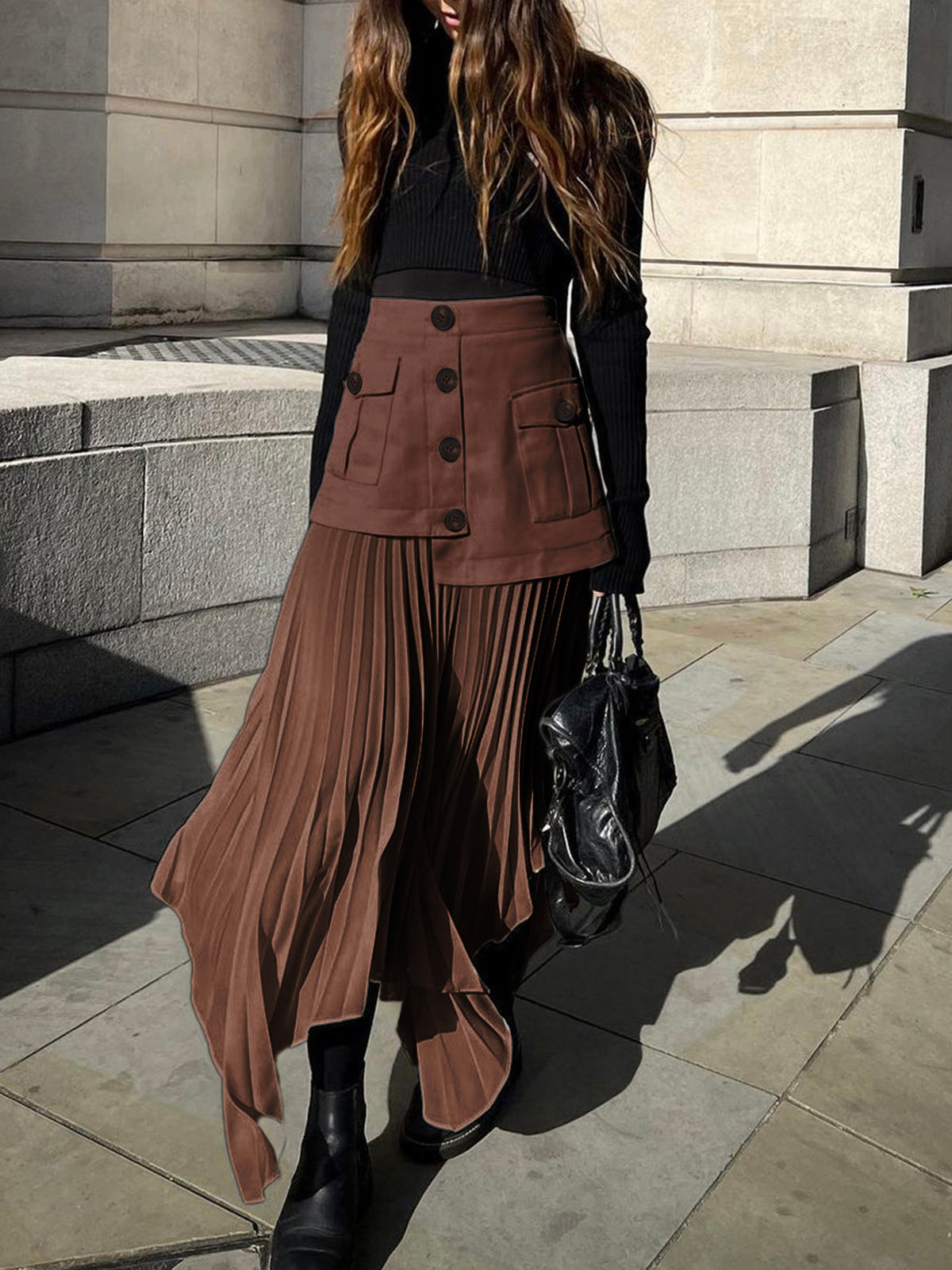 Patchwork Asymmetrical Pleated Buttoned Midi Skirt