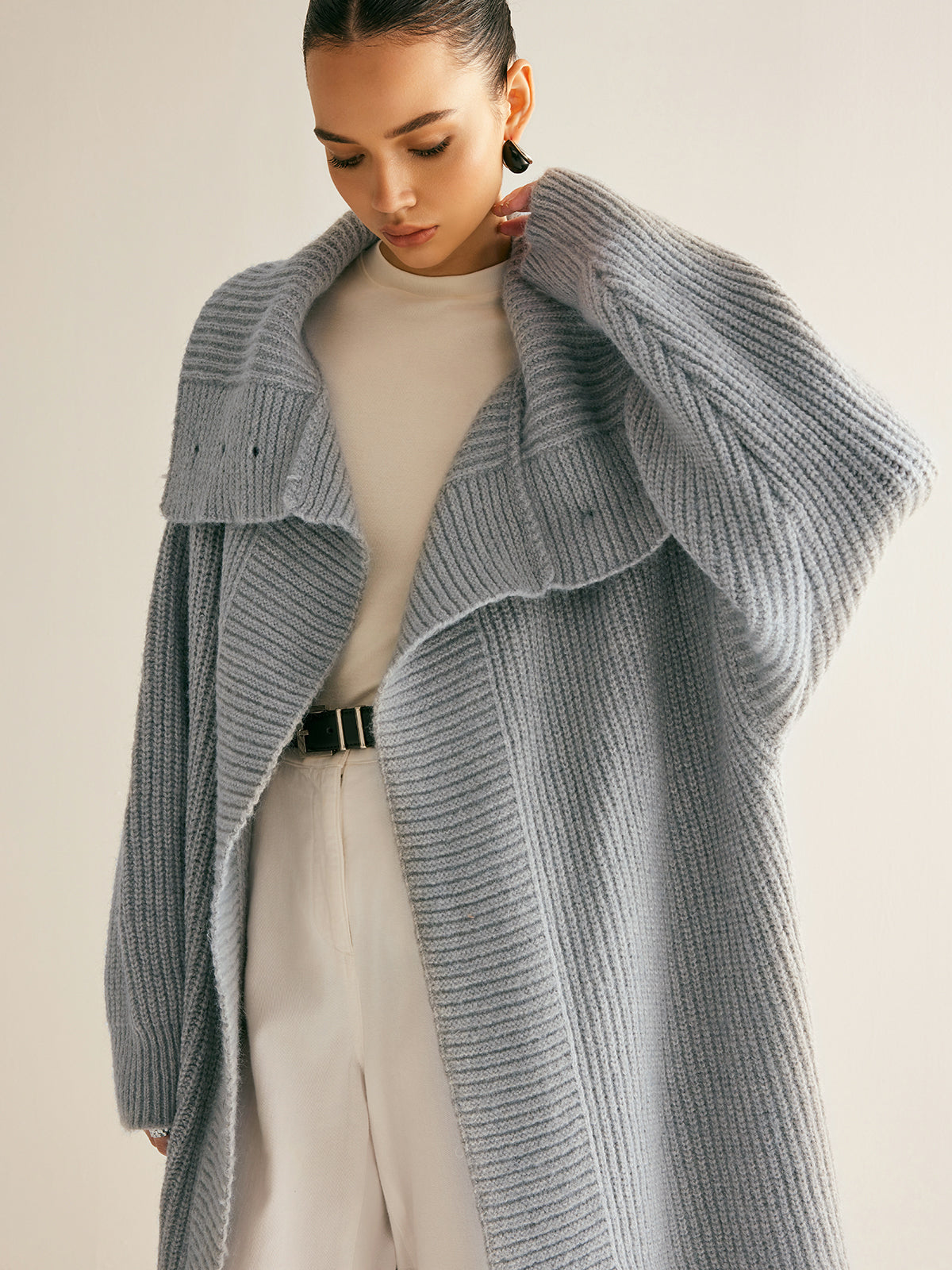 Lapel Scarf Ribbed Long Cardigan