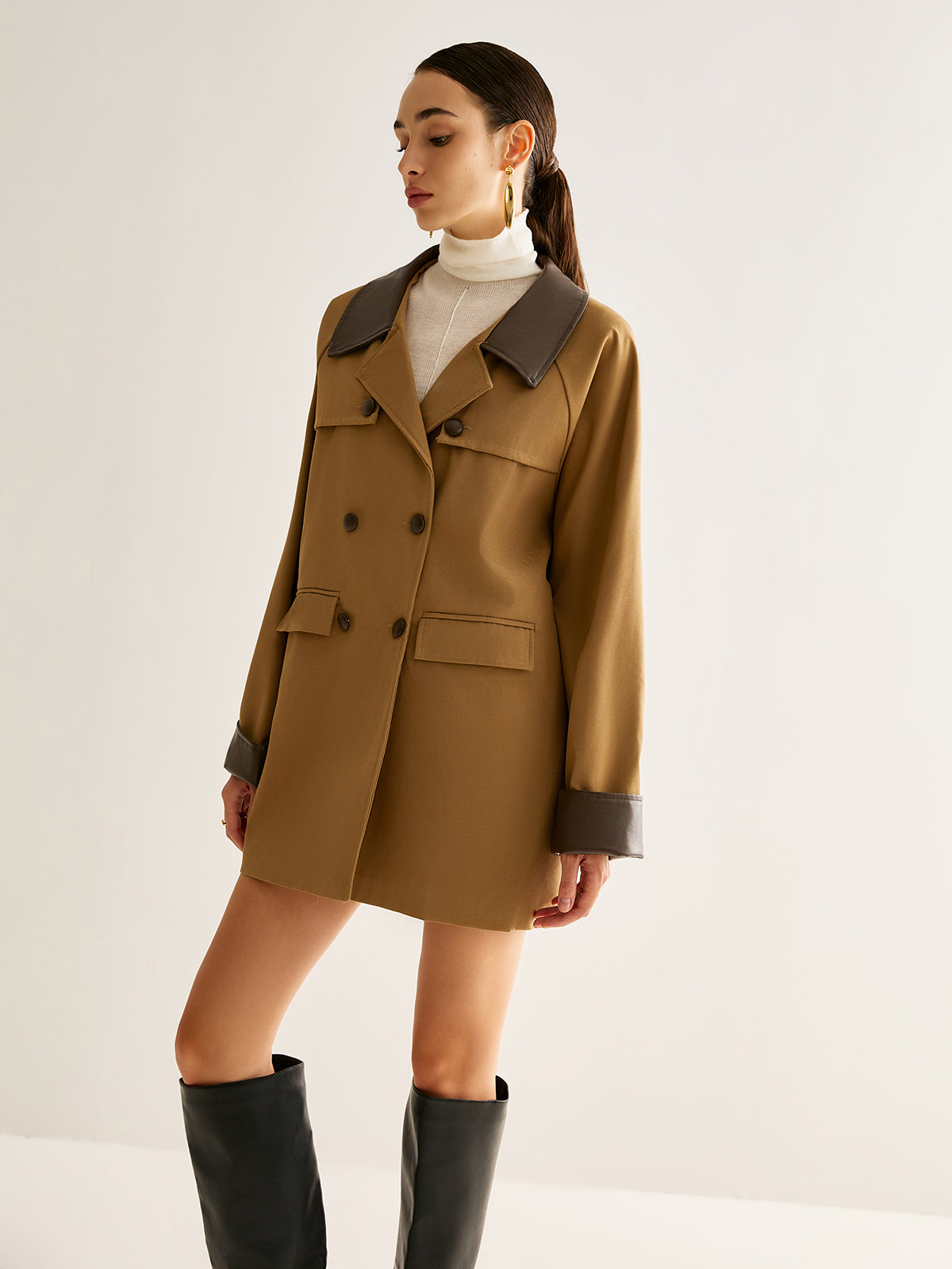 Contrast Binding Button Trench Coat