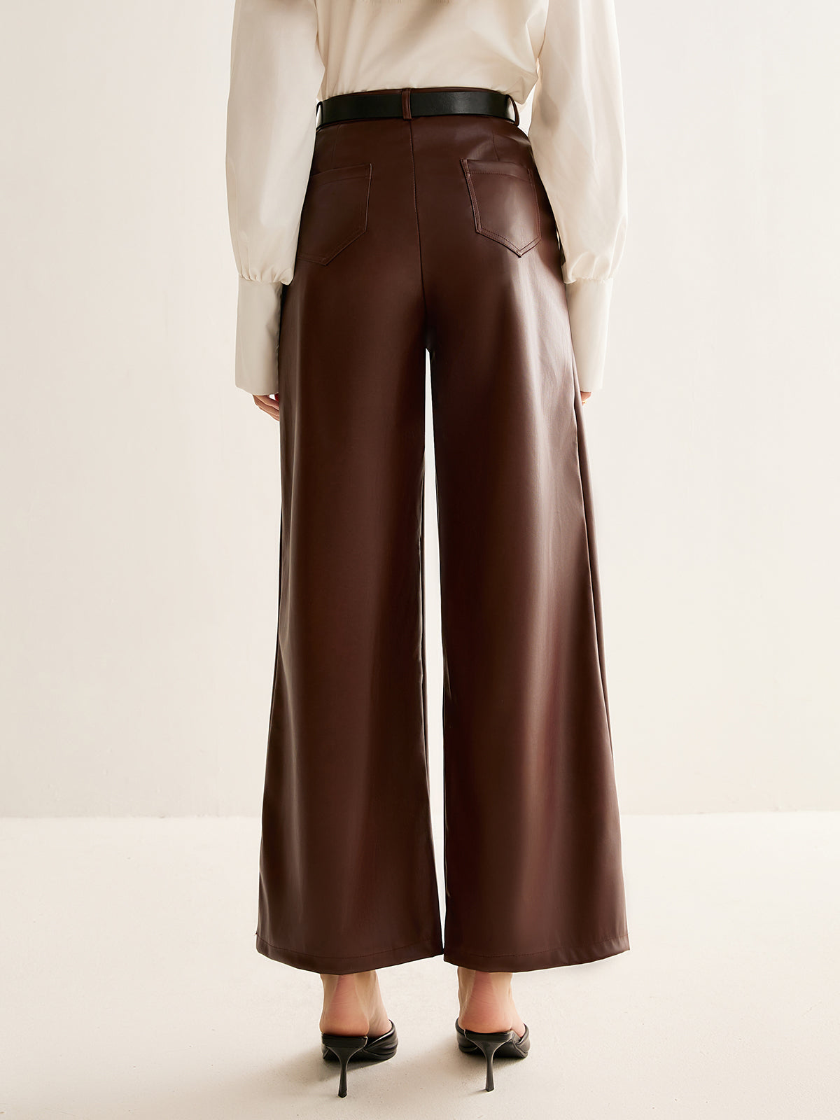 PU Leather Belted Straight Pants