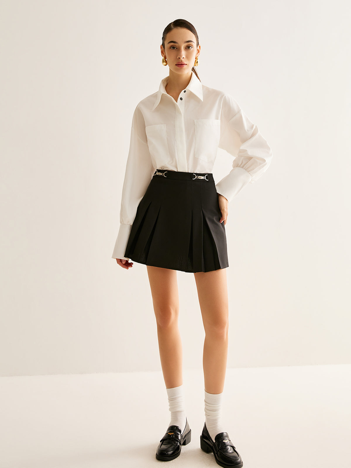 Metal-Belt Pleated Mini Skirt