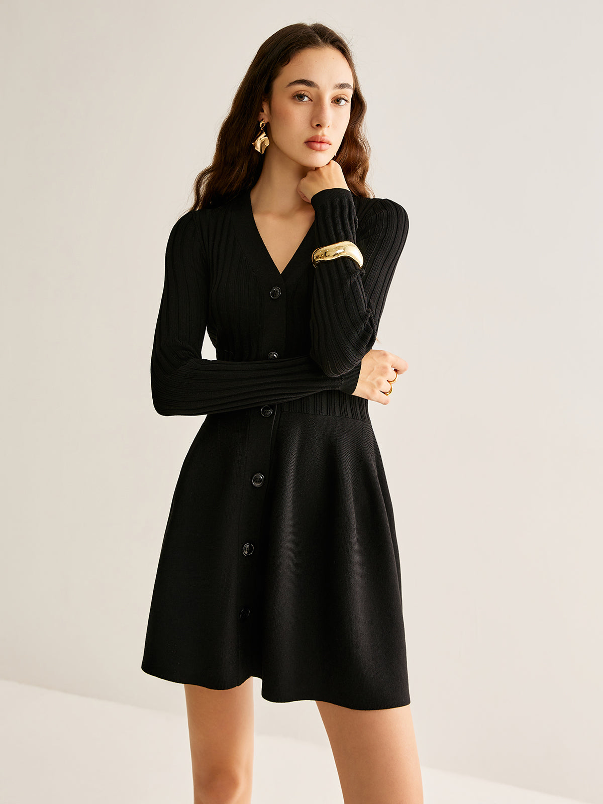 Breasted Flowy Sweater Short Dress