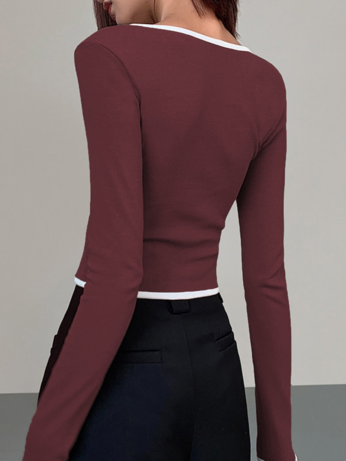 Square Neck Contrast Trim Long Sleeve Knit Shirt