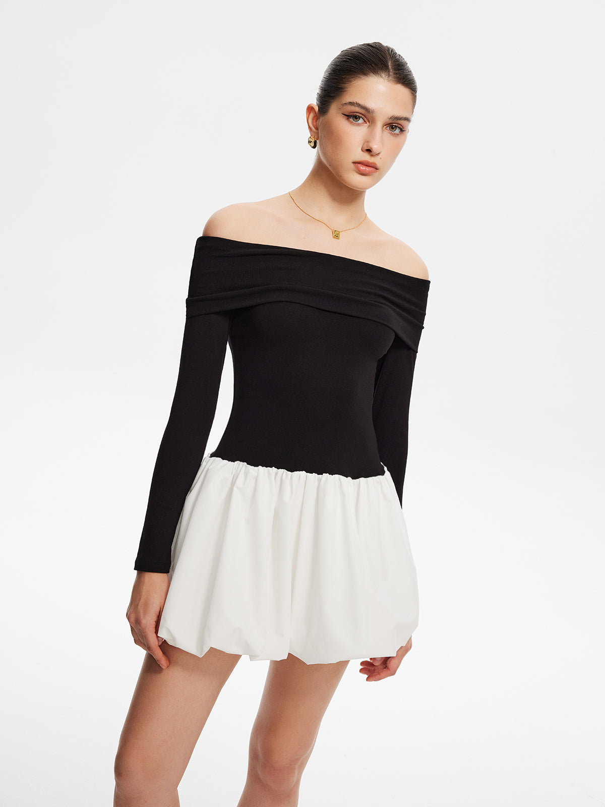 Two Tone Off Shoulder Bubble Short Dress