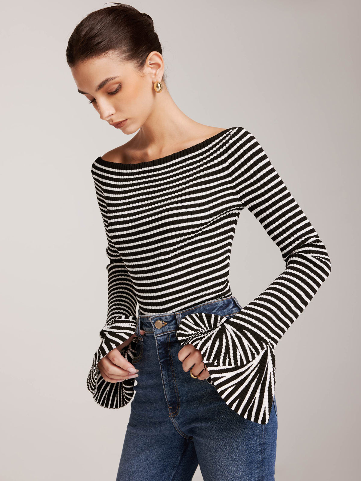 Striped Ruffle-Sleeve Knit Top