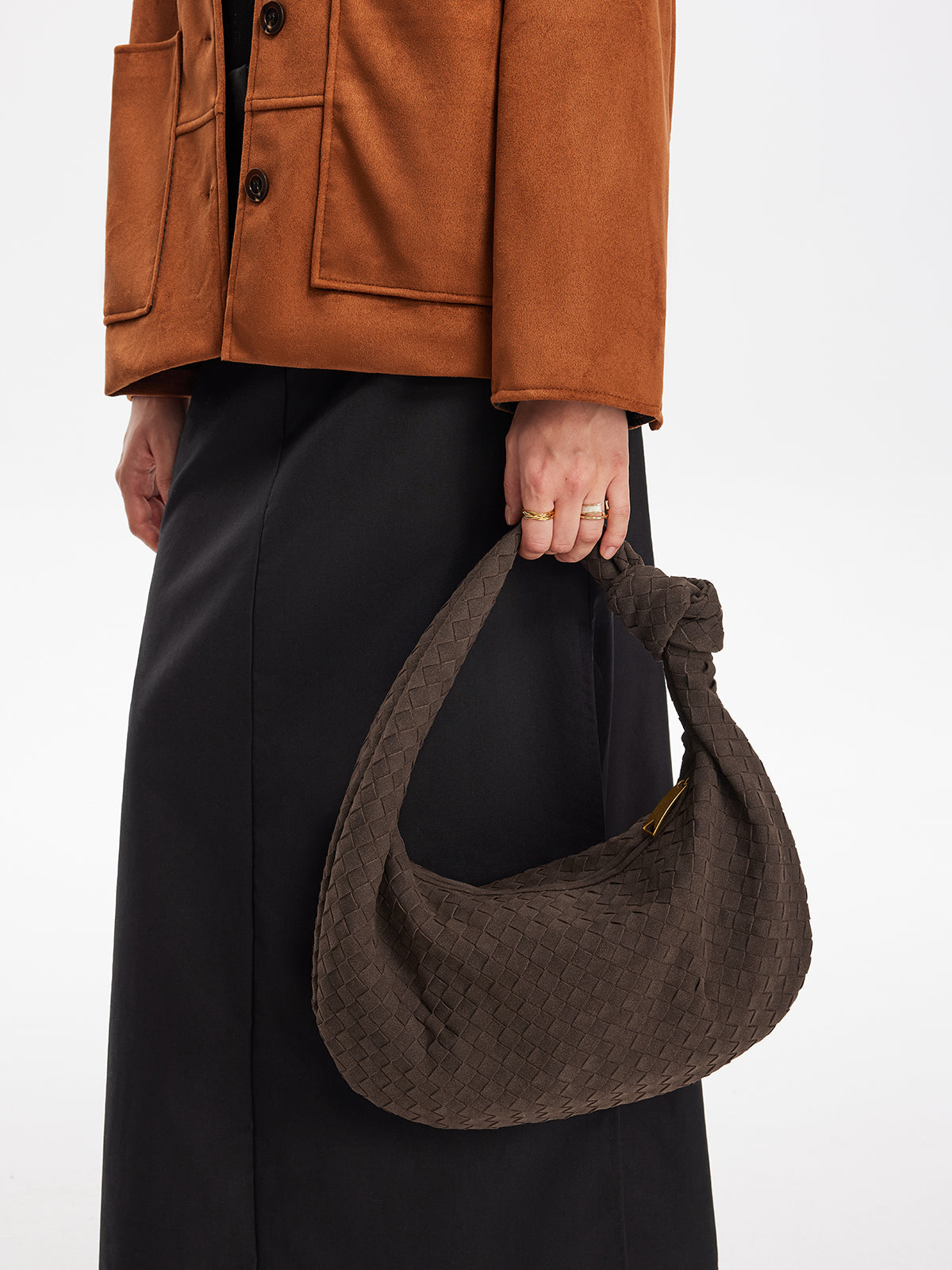 Rounded Woven Knotted Suede Bag