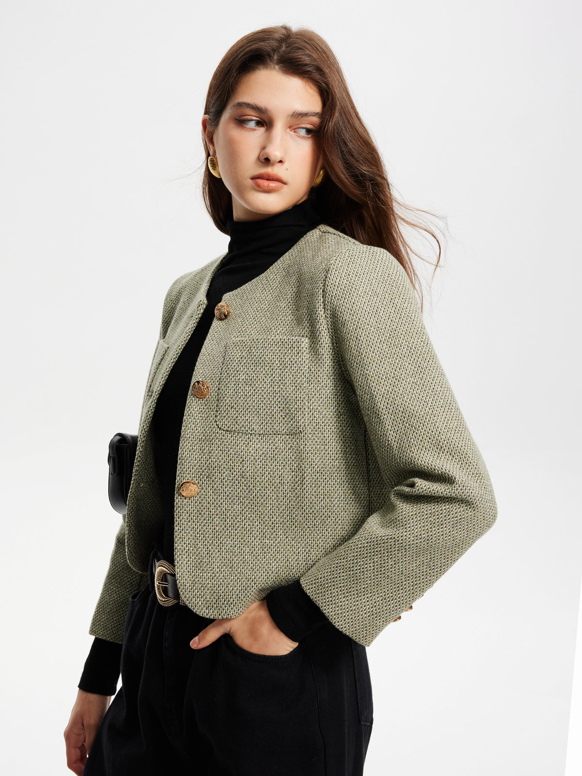 Round Neck Pockets Tweed Jacket