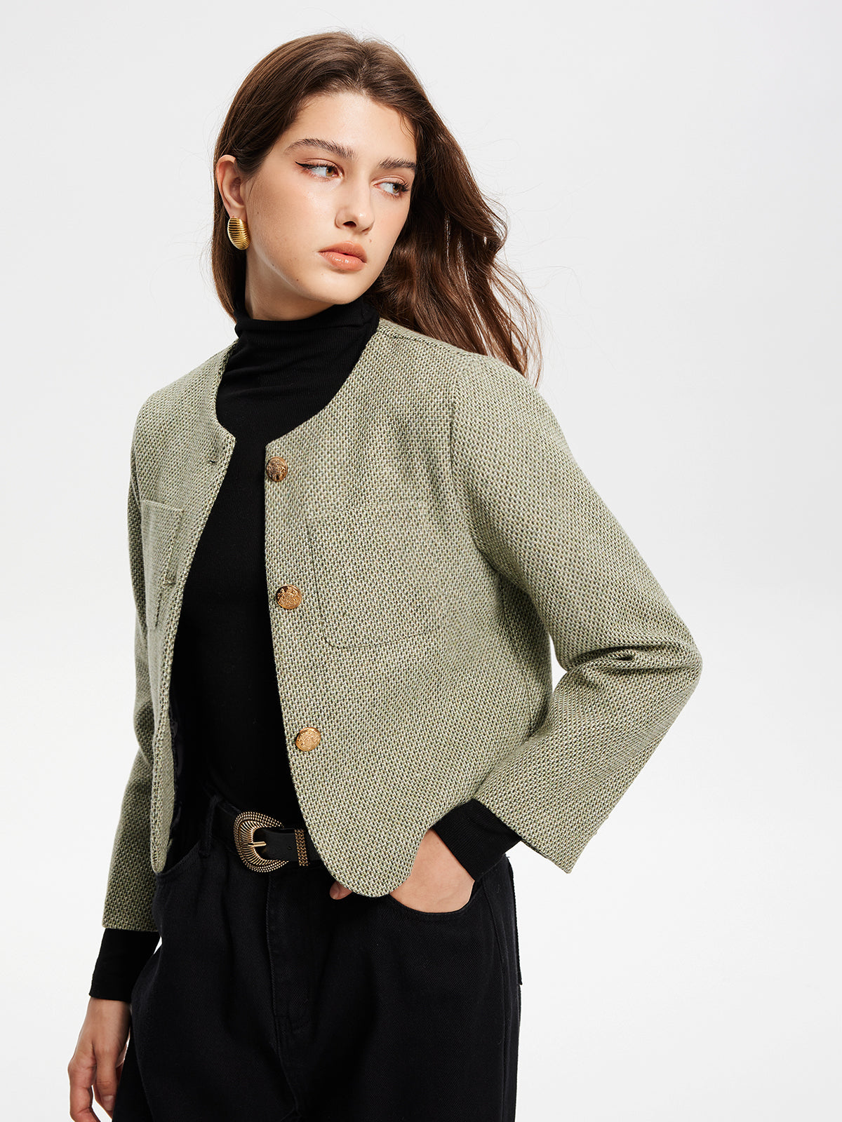 Round Neck Pockets Tweed Jacket