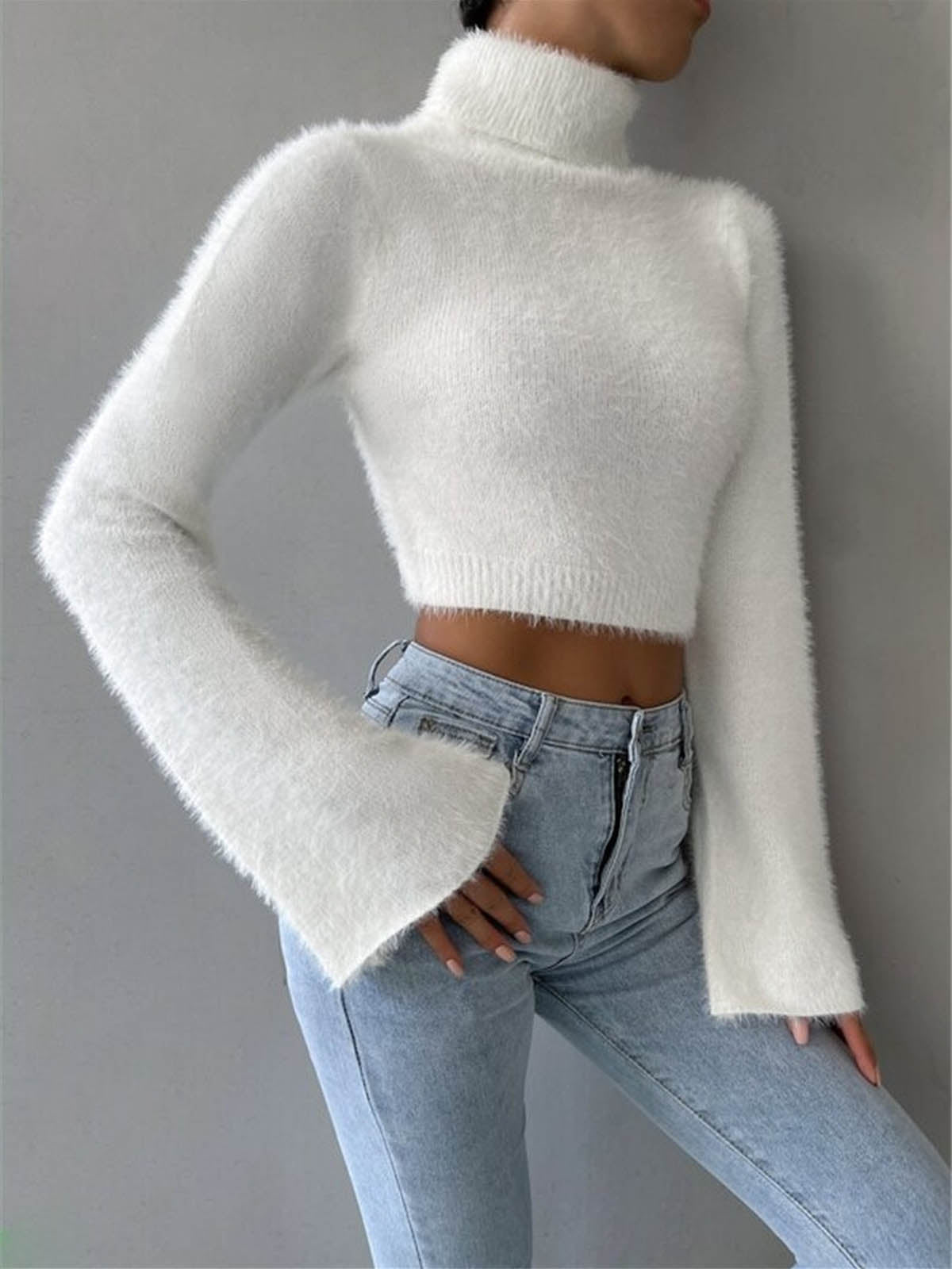 Turtleneck Fuzzy Crop Blouse