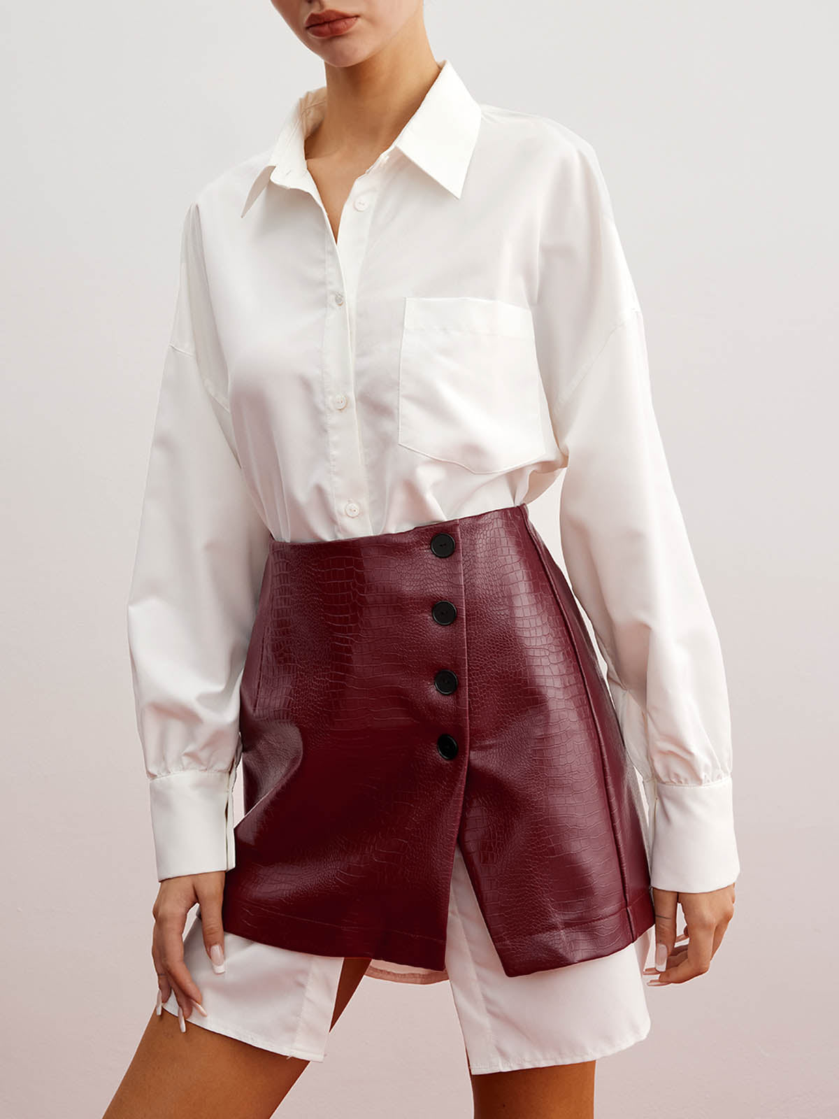 Casual Solid Shirt With Faux Leather Mini Skirt Set