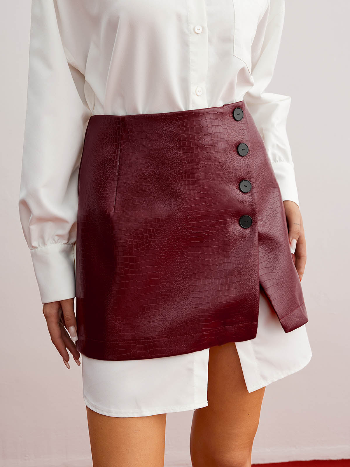 Casual Solid Shirt With Faux Leather Mini Skirt Set