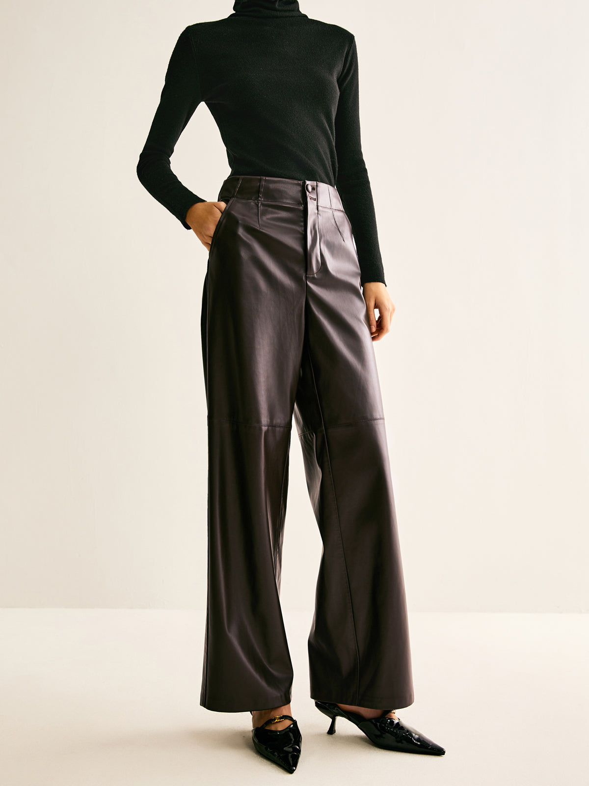 Faux Leather Mid Waist Pants