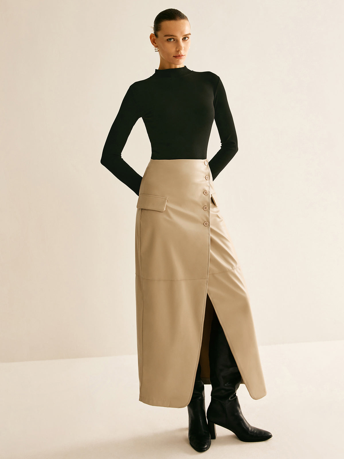 Asymmetrical Button Faux Leather Skirt