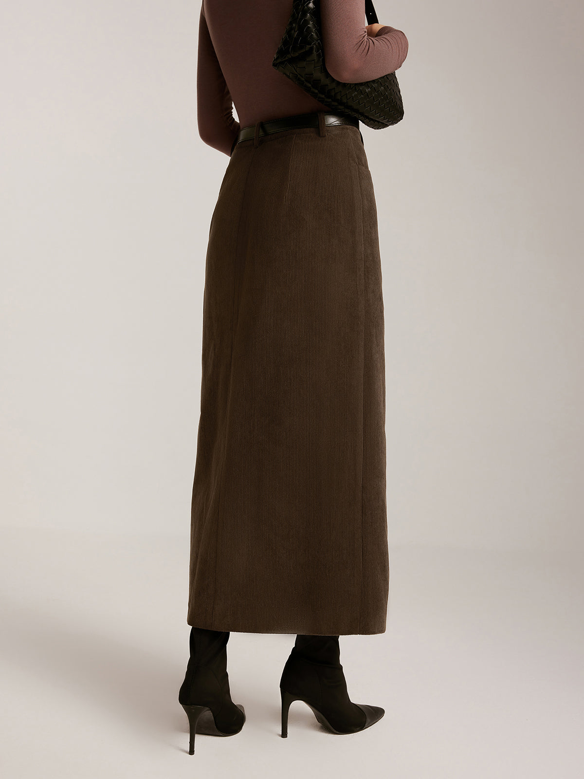 Corduroy Split Belted Midi Skirt