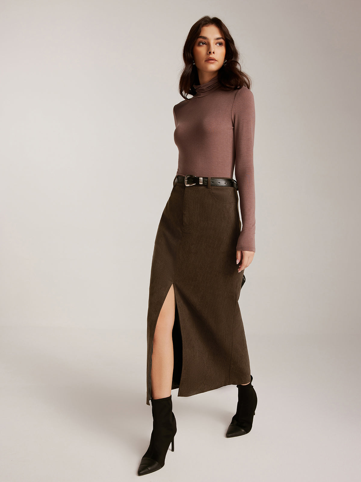 Corduroy Split Belted Midi Skirt