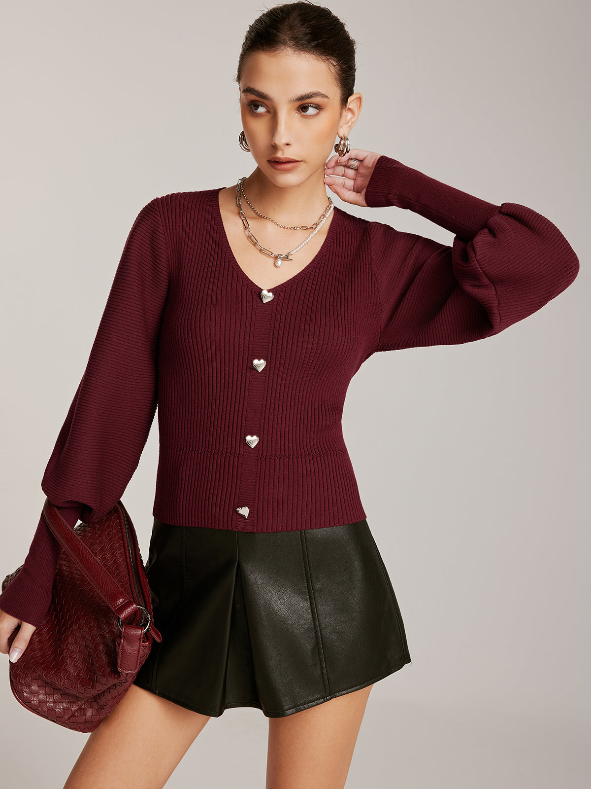 Lantern Sleeve V-Neck Sweater