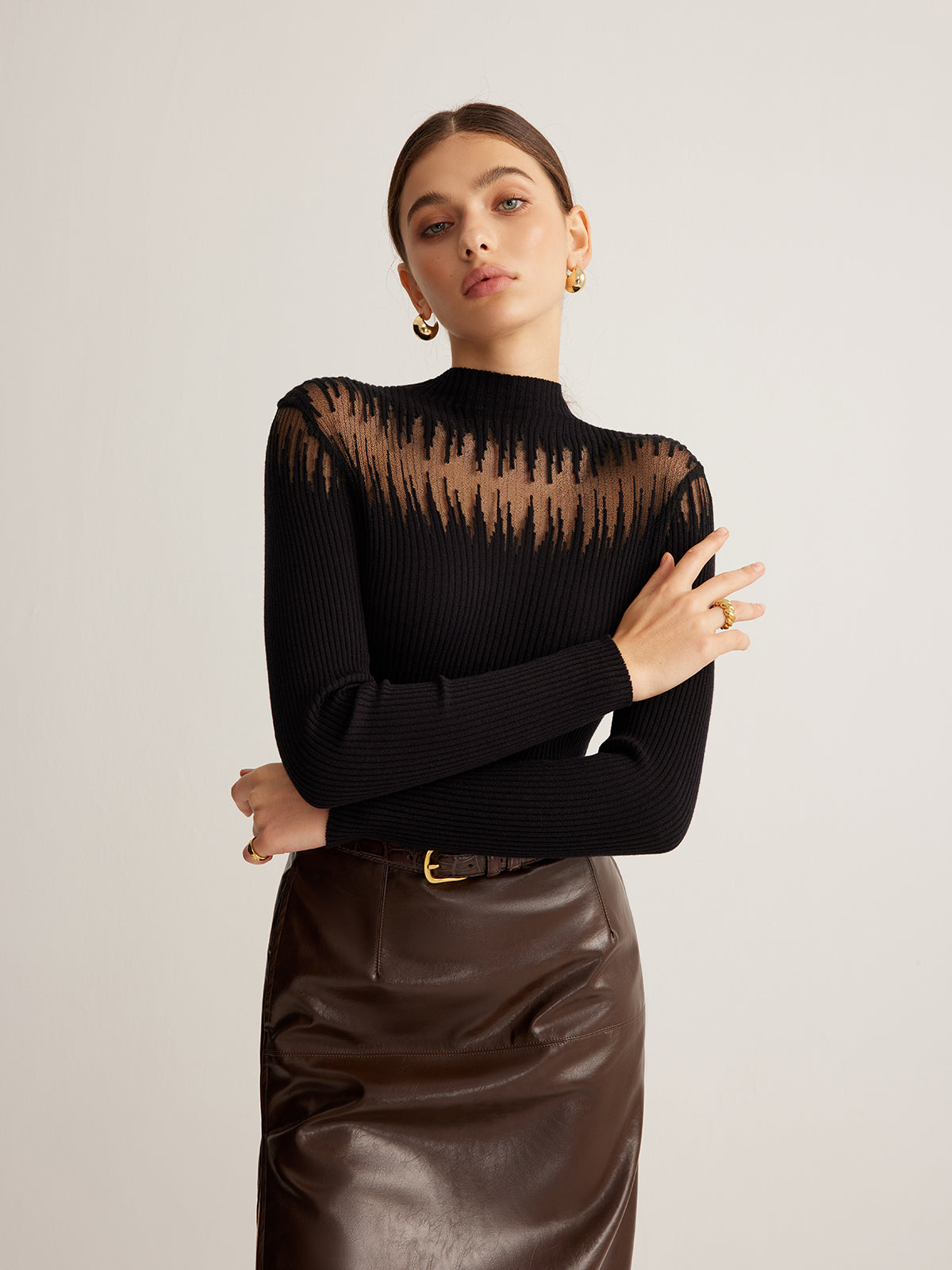 Mock Neck Sheer Panel Stickad Top