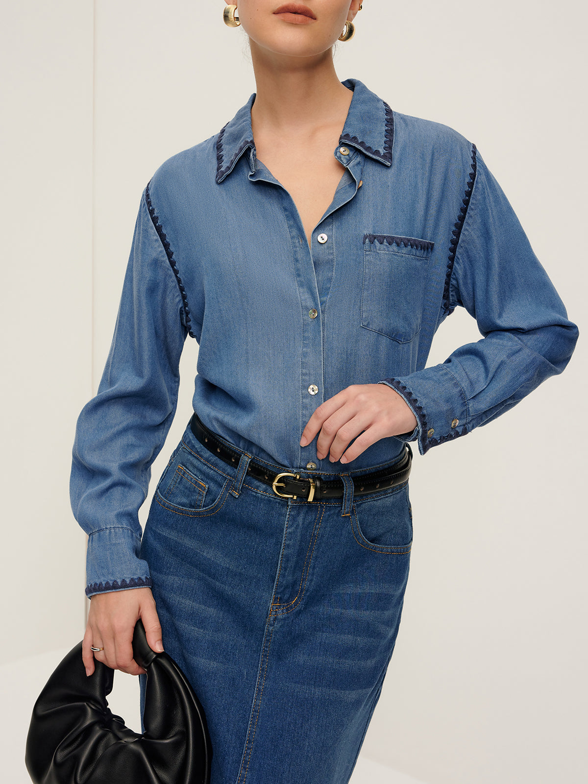 Embroidered Trim Lapel Denim Shirt