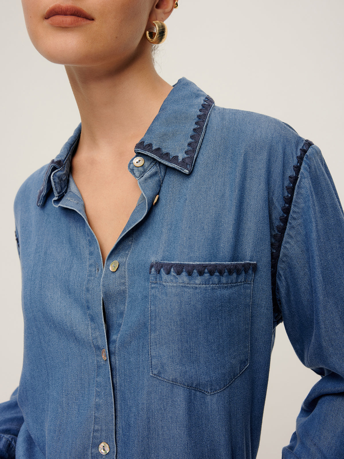 Embroidered Trim Lapel Denim Shirt