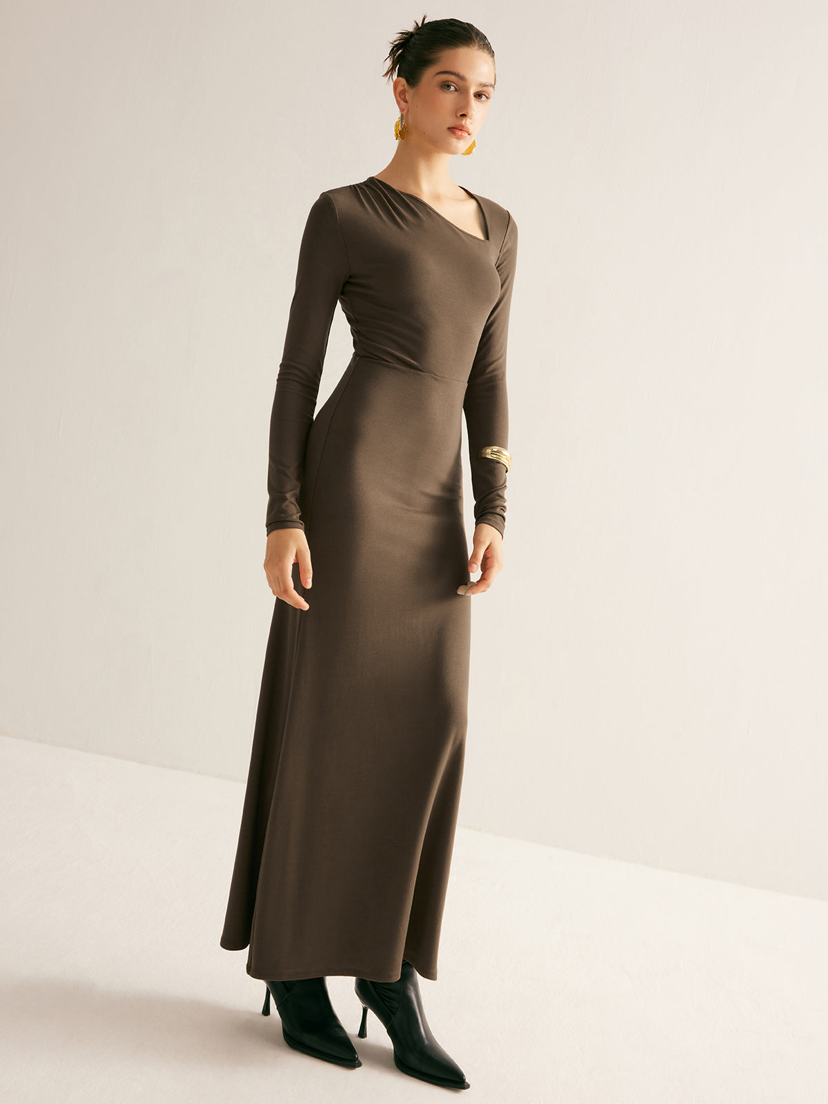 Plain Asymmetrical Neck Long Dress