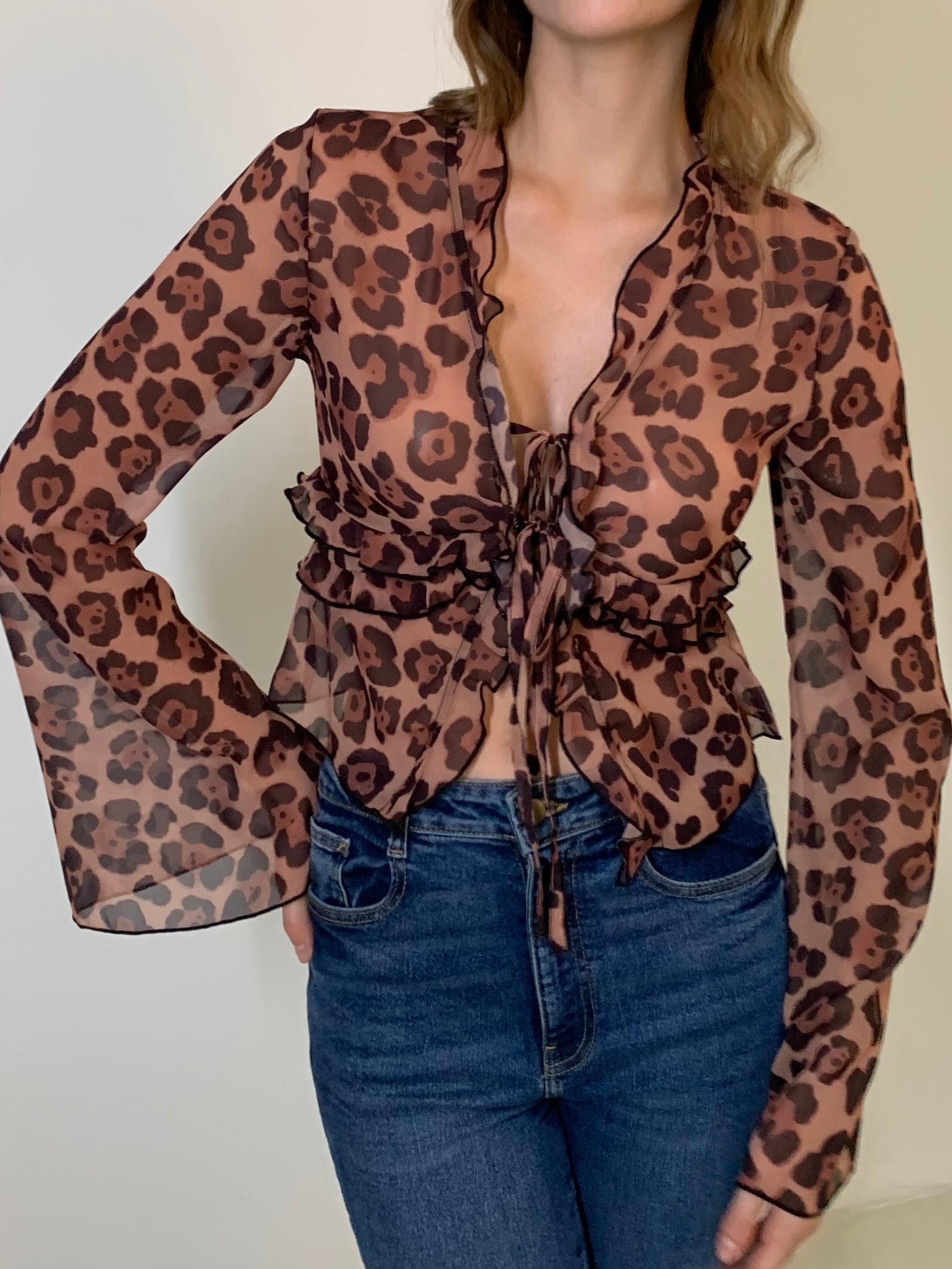 Leopard Print Semi-Sheer Ruffle V-neck Shirt