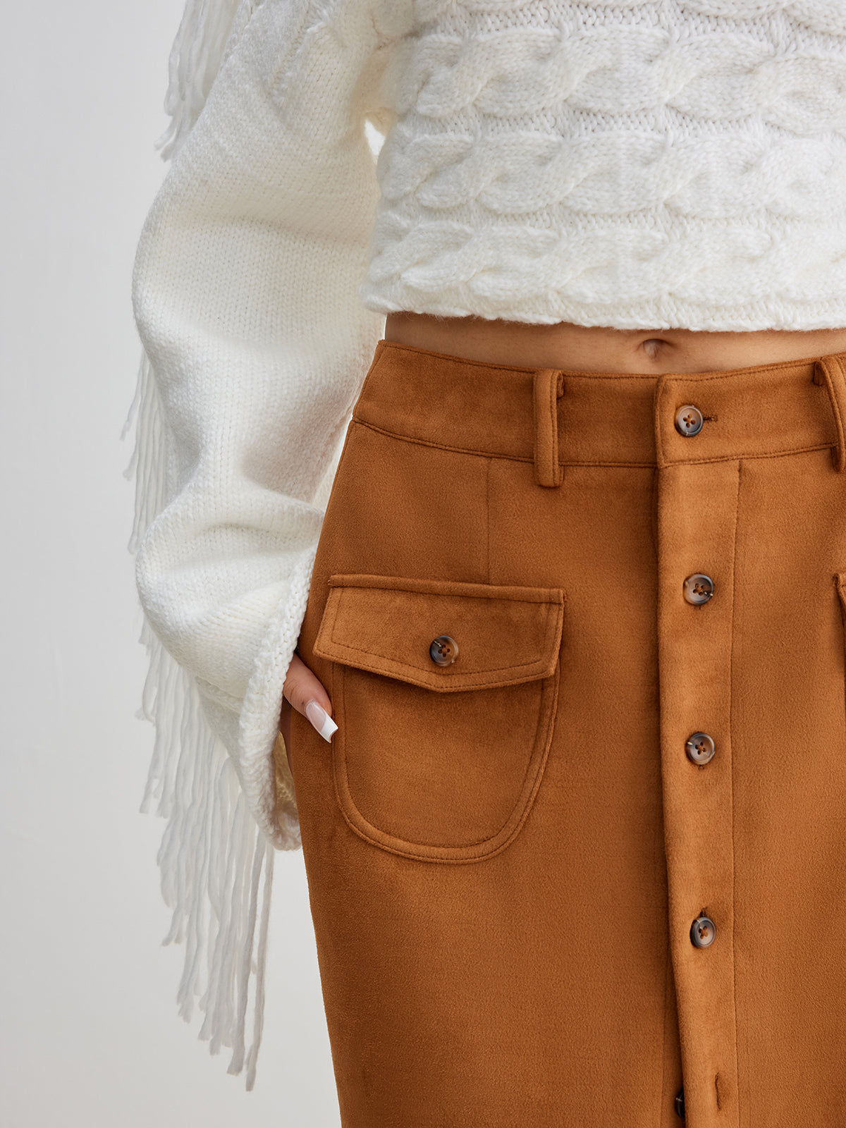 Button Suede Pockets Skirt