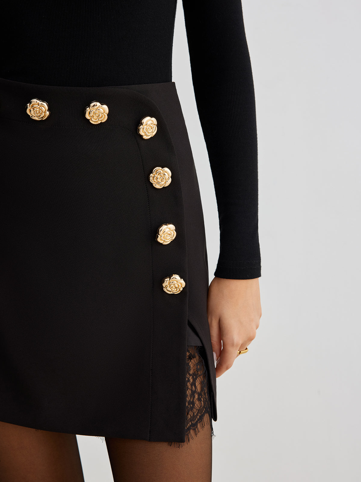 Lace Trim Metal-Flower Zipper Skirt