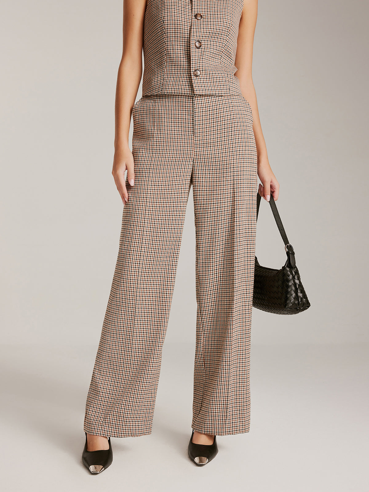 High-Waist Plaid Belted Pants