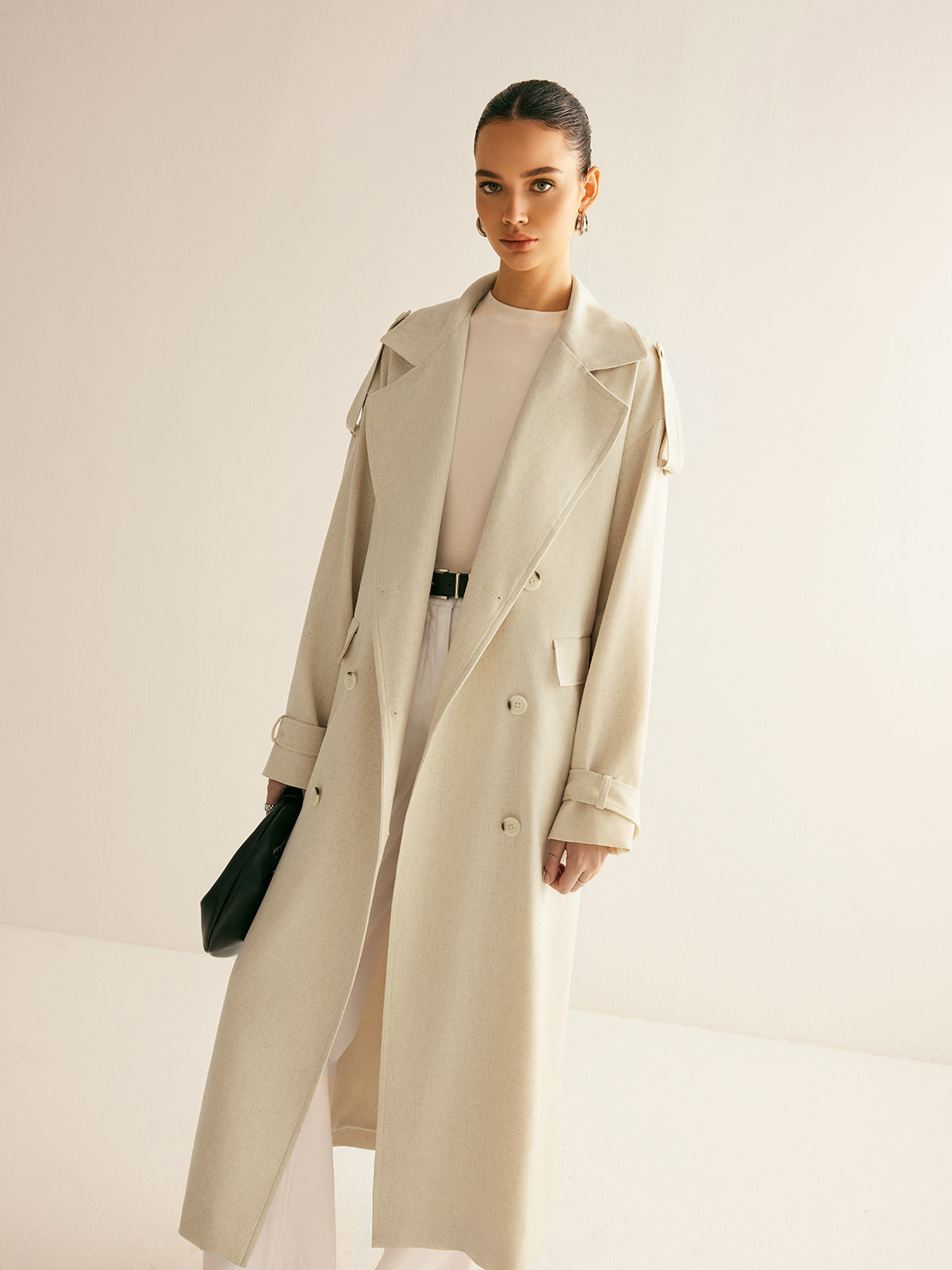 Lapel Pockets Belted Trench Coat