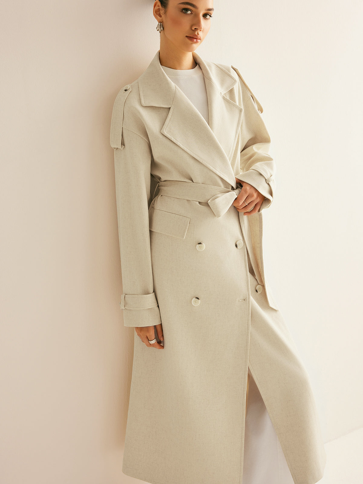 Lapel Pockets Belted Trench Coat