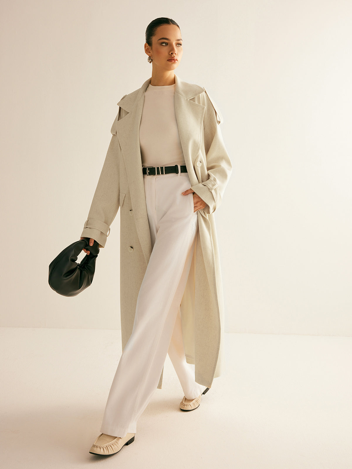 Lapel Pockets Belted Trench Coat