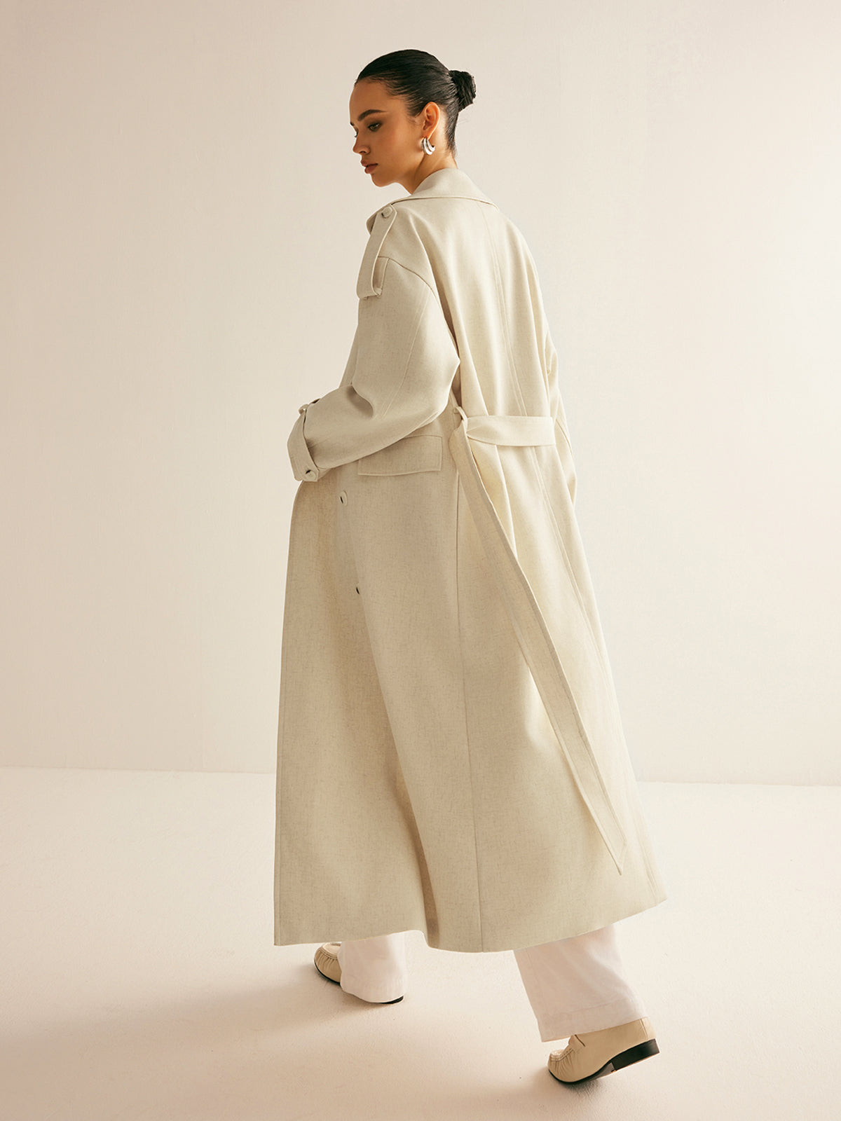 Lapel Pockets Belted Trench Coat