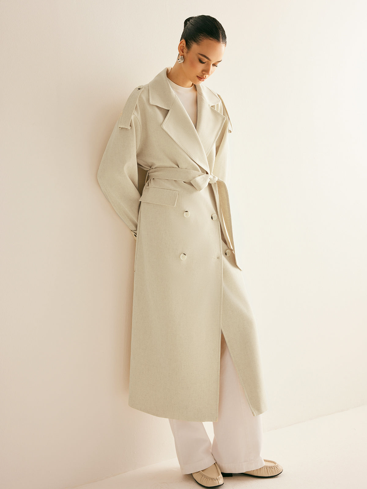 Lapel Pockets Belted Trench Coat