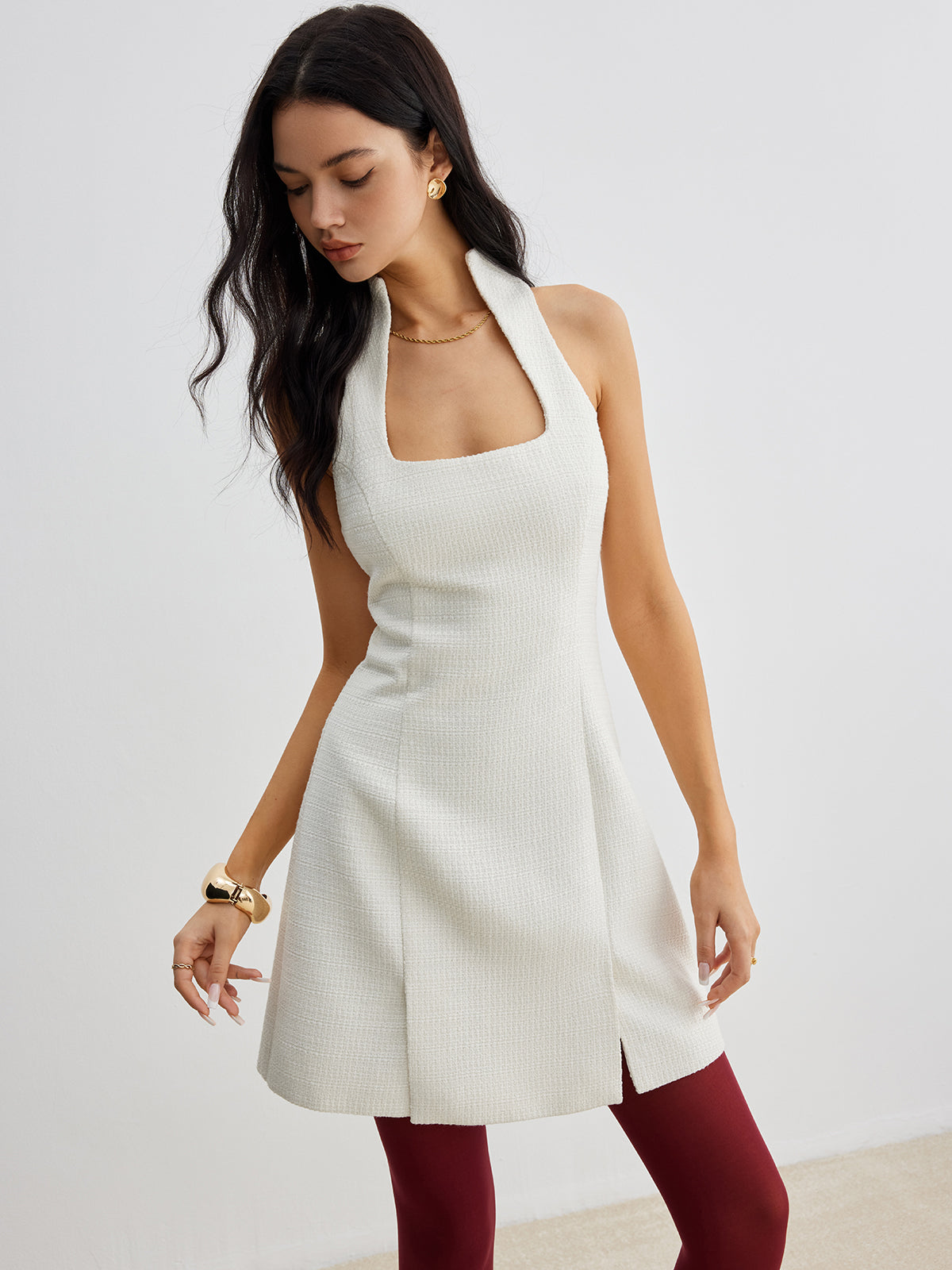 Square Neck Tweed Zipper Dress