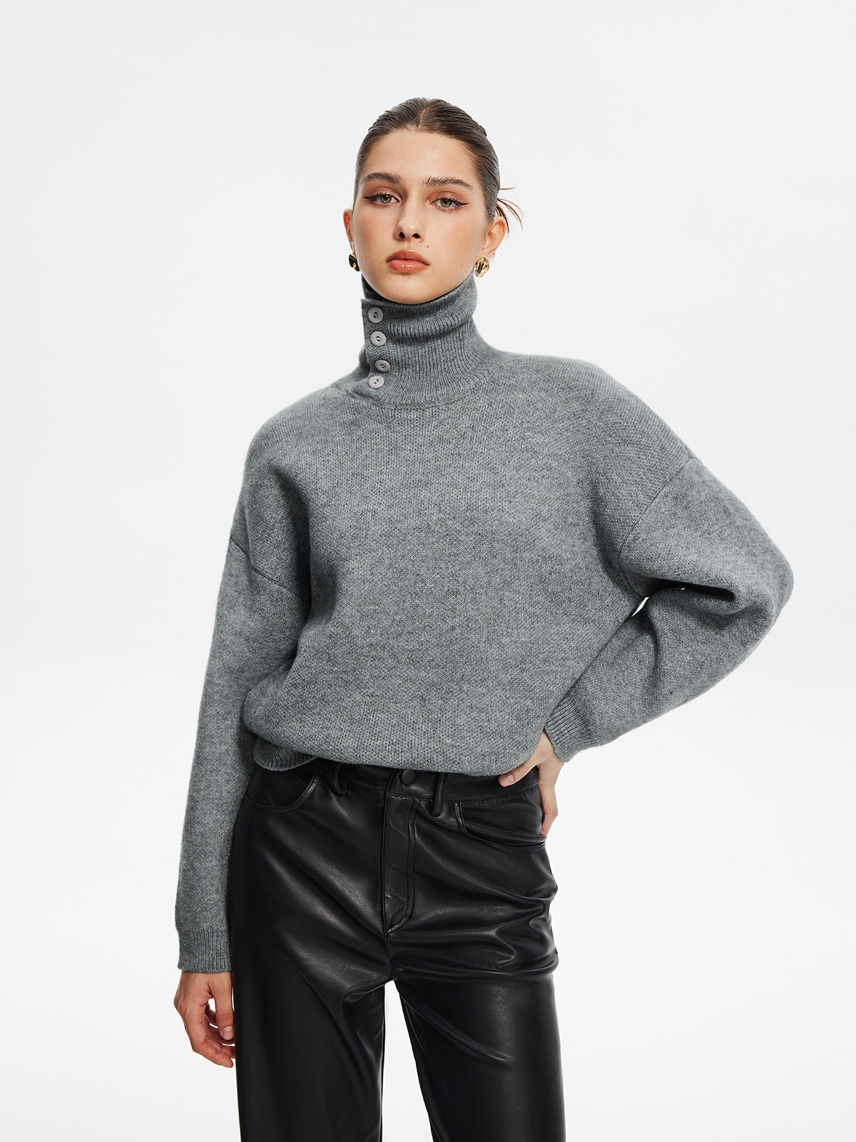 Minimalist Button Turtleneck Sweater