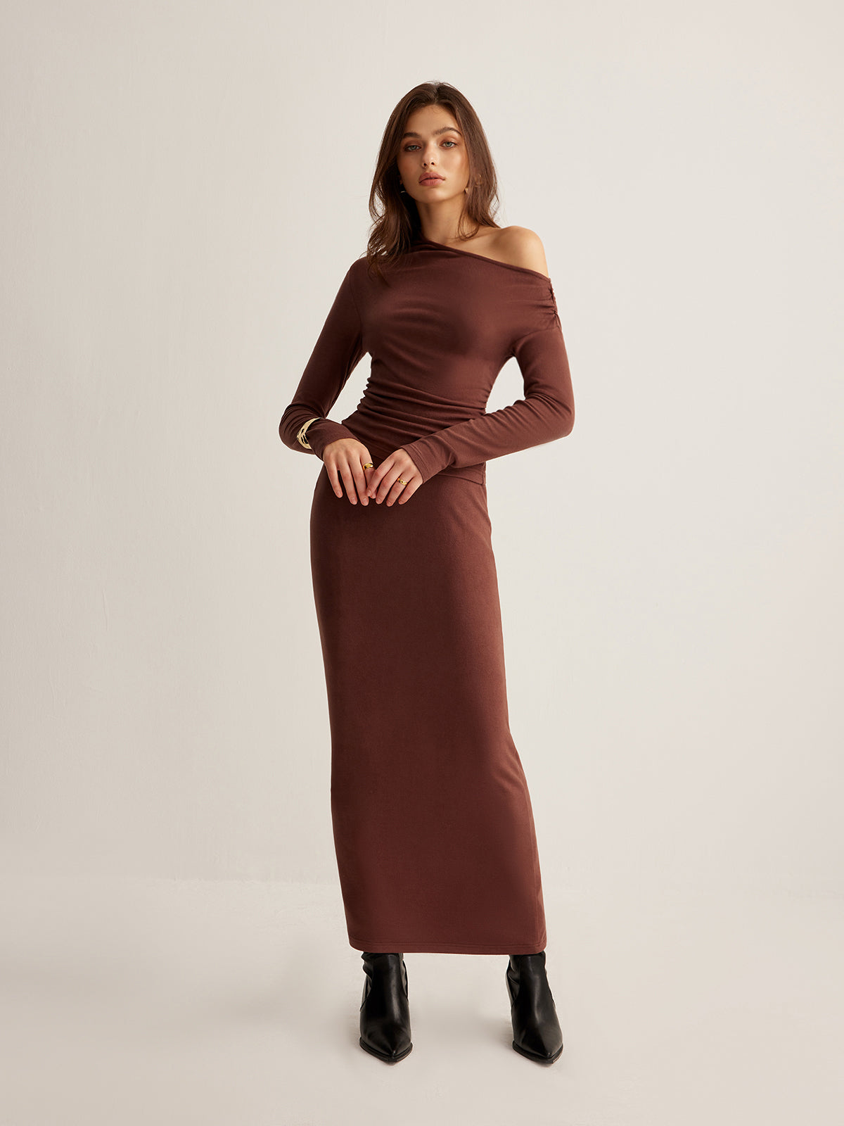 Asymmetrical Neck Slim Jersey Skirt Set