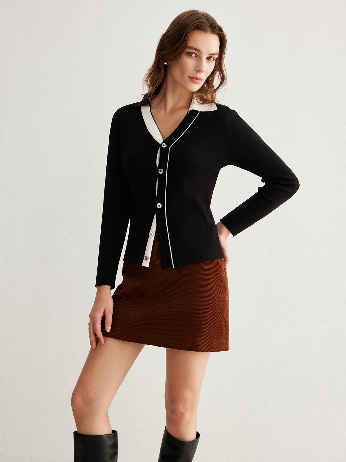 Color Block Lapel Button Cardigan