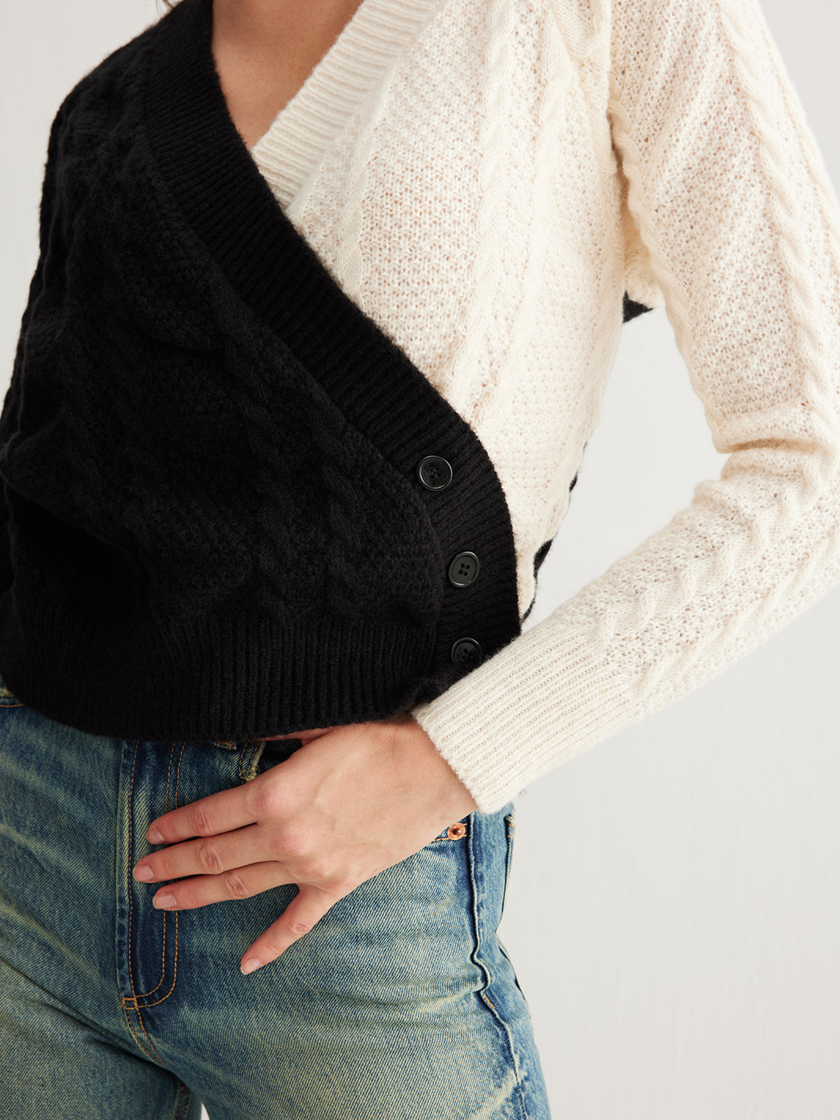 Two-Tone Criss Cross Button Knit Top